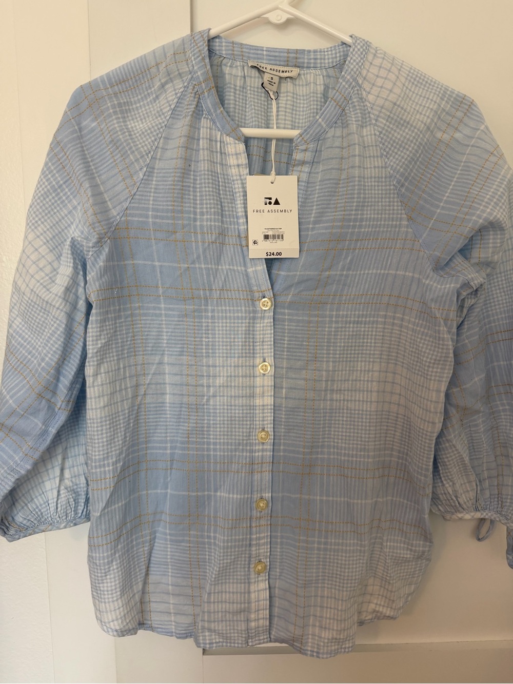 Free Assembly Light Blue Plaid Button-Front Women's Top